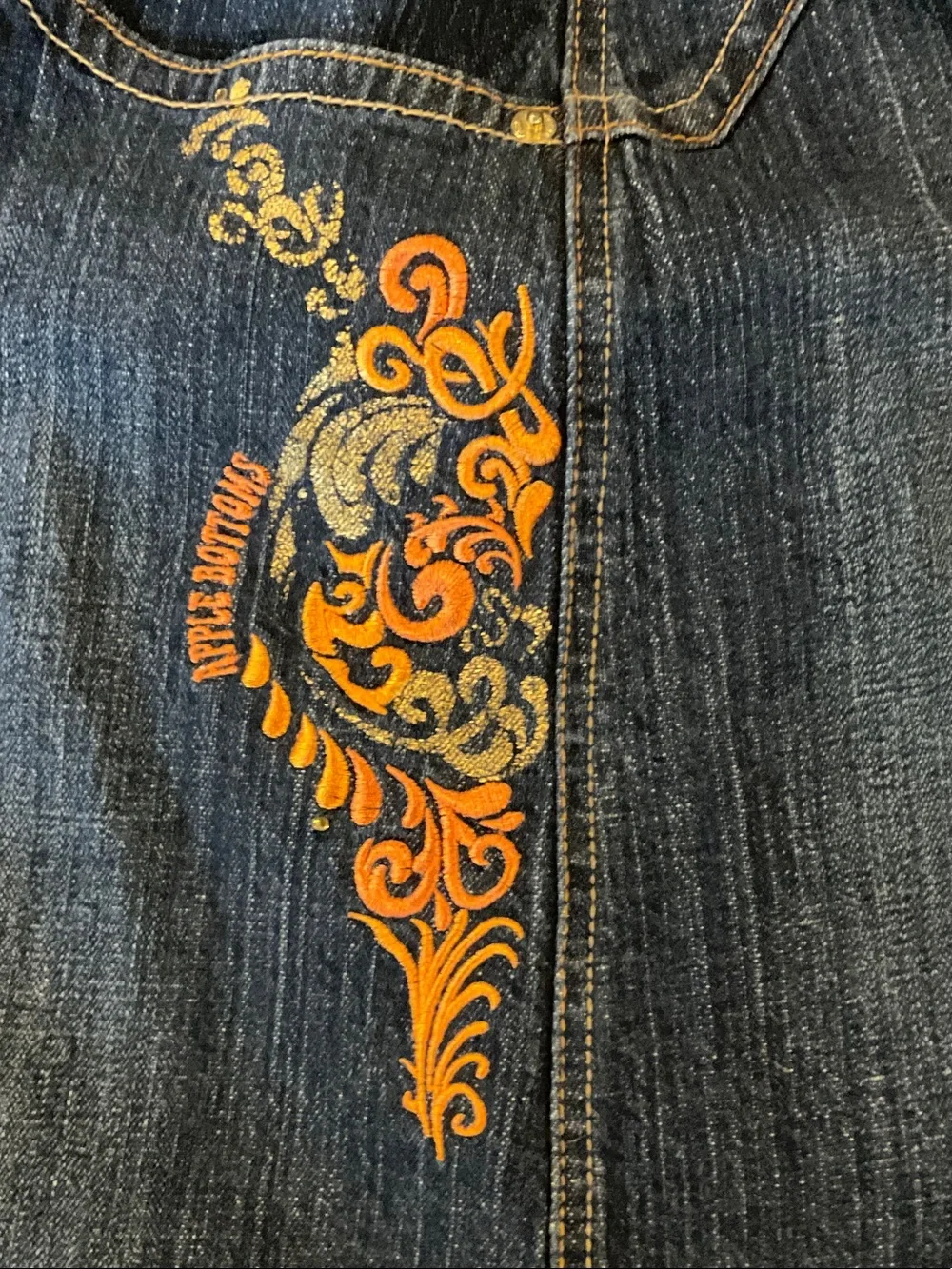 Y2K Apple Bottoms Dark Blue Denim Overall Skirt with Orange Embroidery